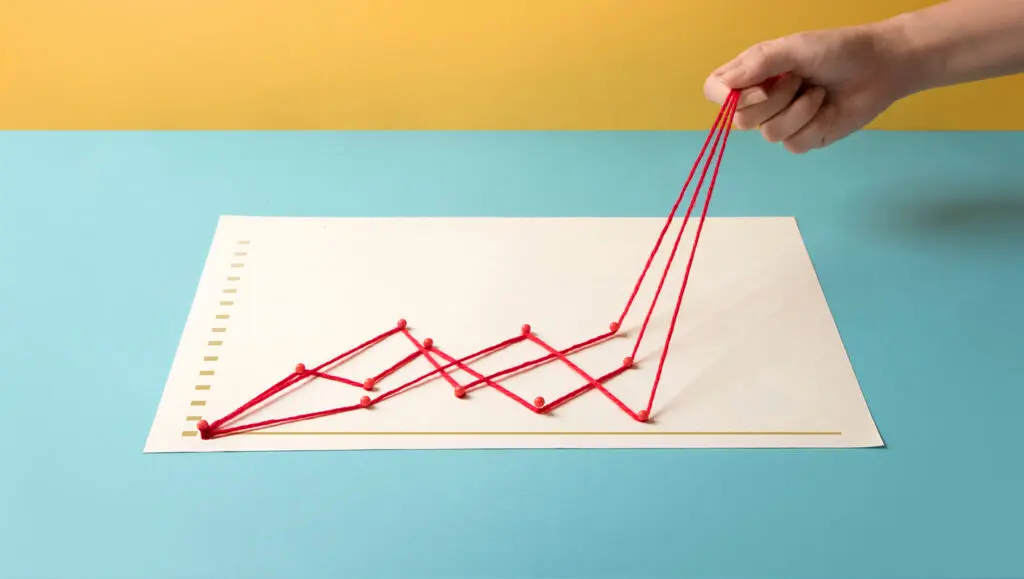 An image of a hand holding three strands of red yarn that are charting out trends on a piece of paper with thumbtacks.