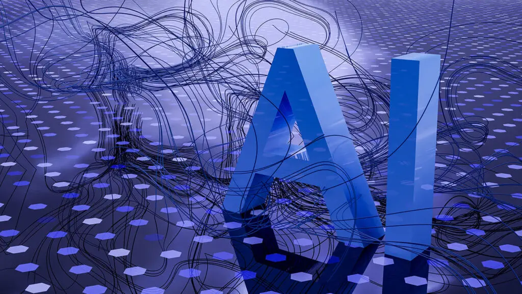 Graphic art of 3D letters "AI" on a reflective surface.