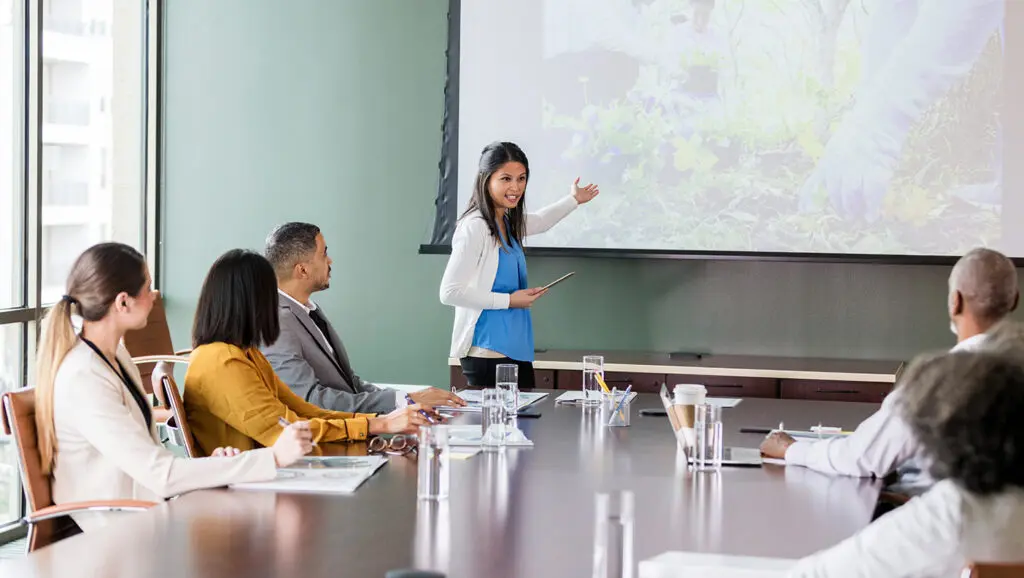 A picture of a nonprofit fundraiser presenting a corporate giving opportunity to a group of business people in a conference room.