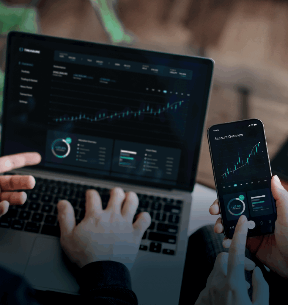 Data analytics dashboards are pulled up on a laptop and mobile device, demonstrating the power of Seeker+