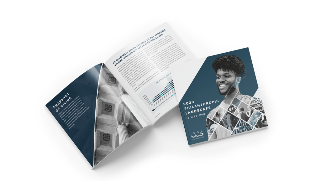 A graphic of a closed 2023 Philanthropic Landscape report laying on top of an open version of the report against a white background.