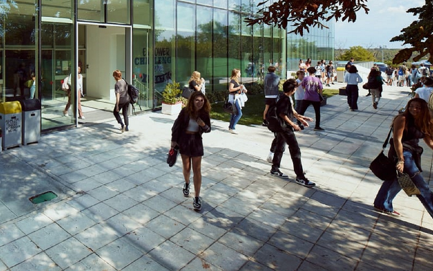 Students leaving campus building.