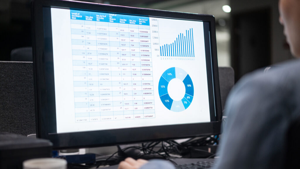 A picture showcasing nonprofit data management: a fundraising professional sits in front of a computer screen showing data from a database.